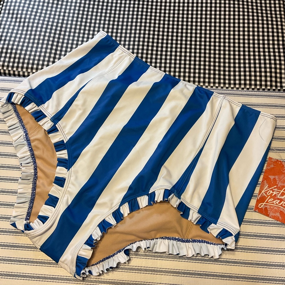 Kortni Jeane swimsuit blue and white striped ruffle bottom NWT XXL